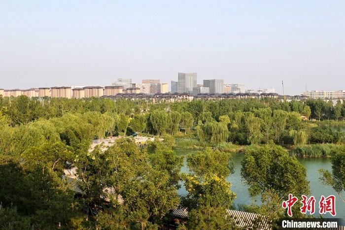 從完成頂層設(shè)計到如火如荼大規(guī)模建設(shè)，六年來，雄安新區(qū)如春天的竹子一般拔節(jié)生長，這座承載千年大計的“未來之城”已雄姿初顯。從“一張白紙”開始著墨，如今的雄安新區(qū)已是濃墨重彩的“山水畫”。<a target='_blank' href='/'>中新社</a>記者近日走訪了雄安新區(qū)多地，從“藍綠金”三色感受這座“未來之城”的巨大變化。圖為7月18日拍攝的河北雄安新區(qū)金湖公園。 <a target='_blank' href='/'>中新社</a>記者 易海菲 攝